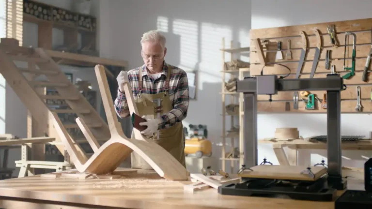 New buisiness owner thinking about getting a loan without financial documents to expand their business while sanding a chair in their workshop.